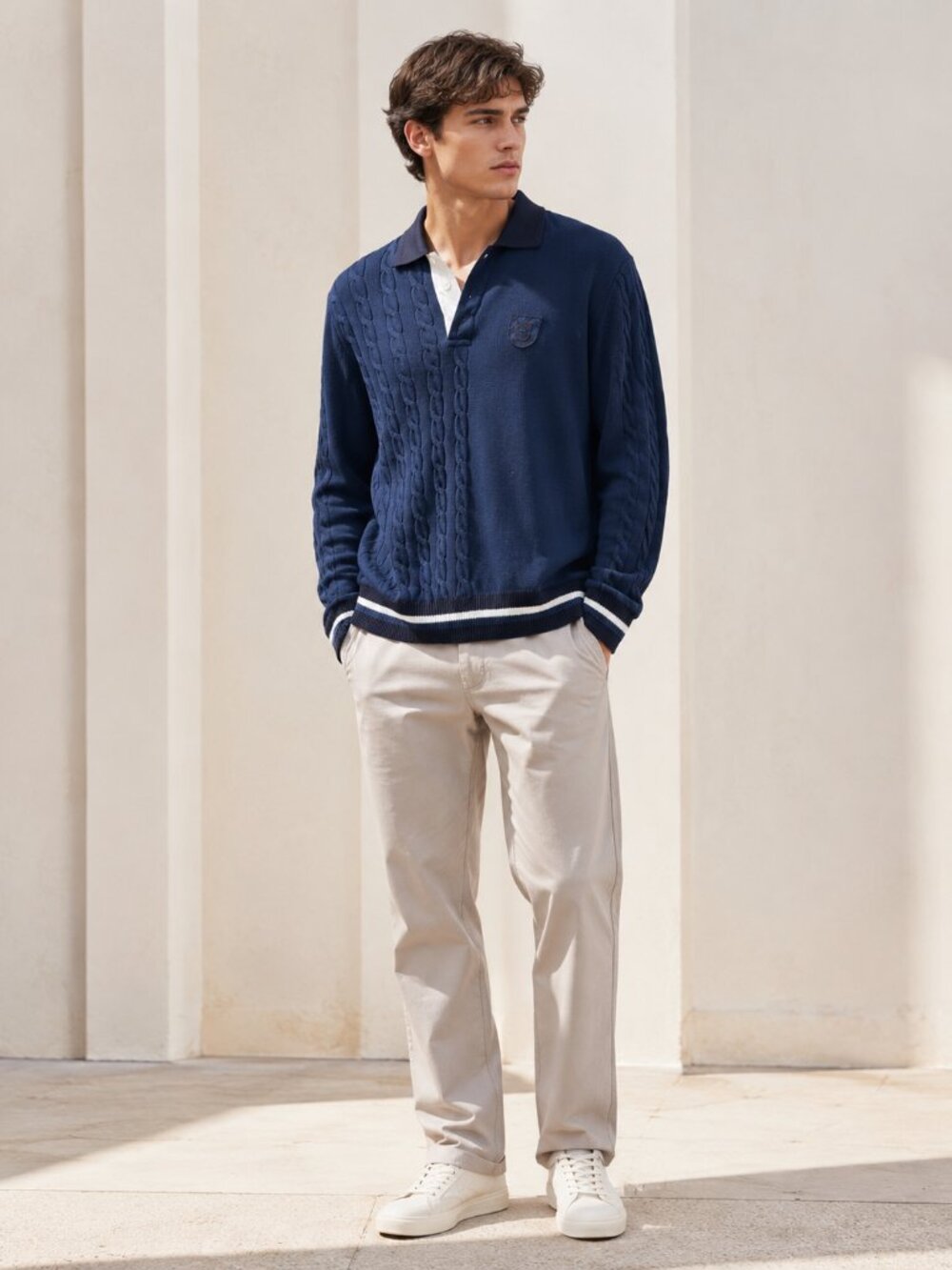 Eden Park Blue Cable Knit Rugby Sweater Mens L Preppy Cotton Luxury Collegiate